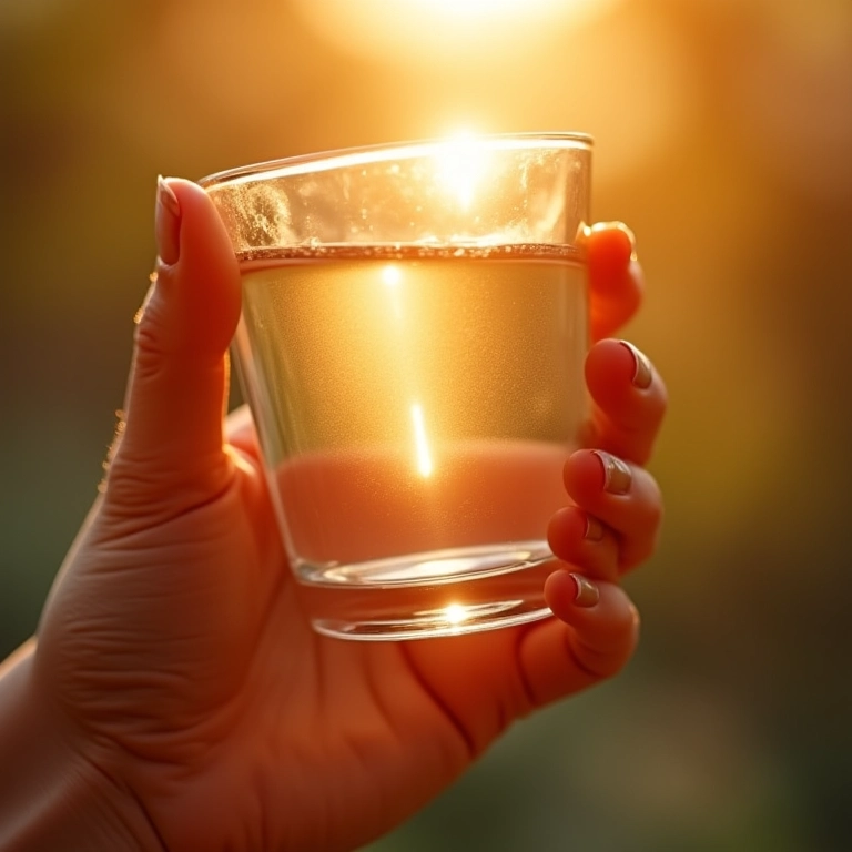 Mão de mulher segurando copo de água com brilho do sol.