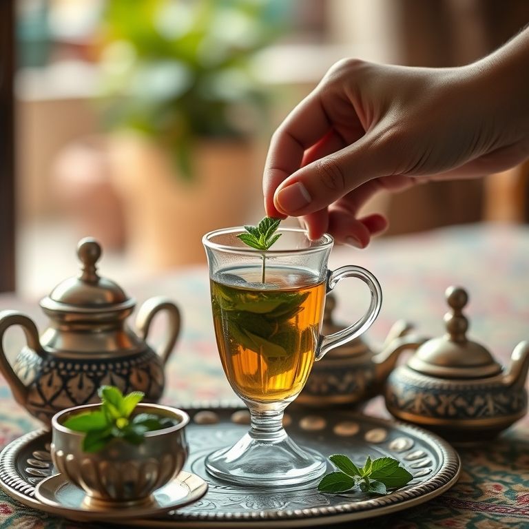 Mão servindo chá de menta quente em um copo, com detalhes ornamentados.