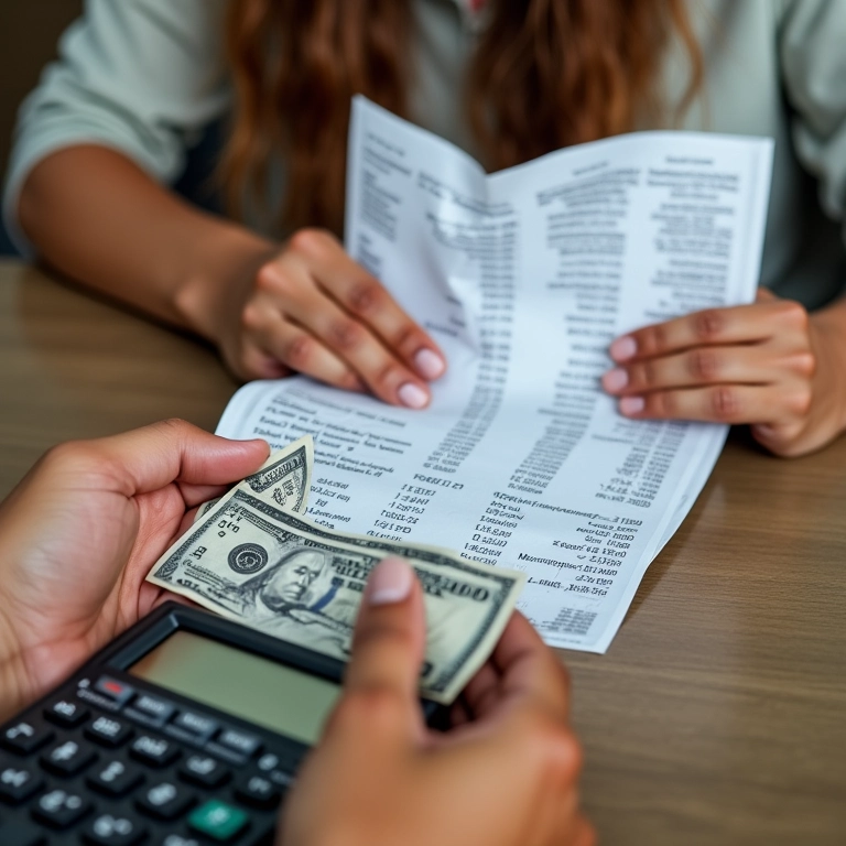 Mãos calculando gastos em dólares, planejando compras nos EUA.