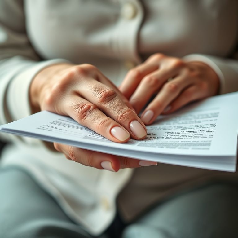 Mãos de mulher idosa segurando documento legal, representando regime de bens.