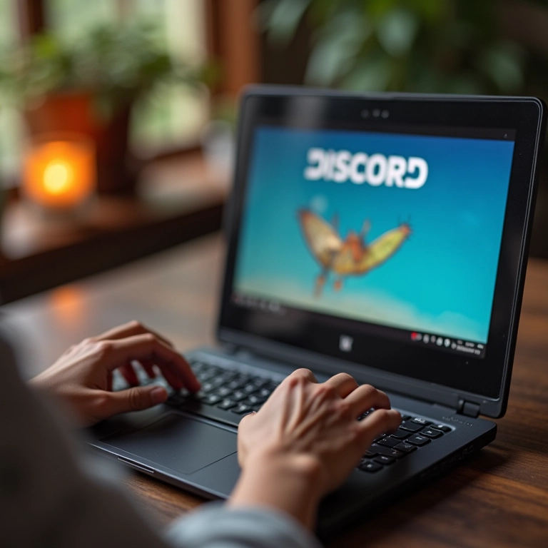 Mãos digitando em um laptop, tela de criação de conta Discord visível, decoração estilo Farm Rio.