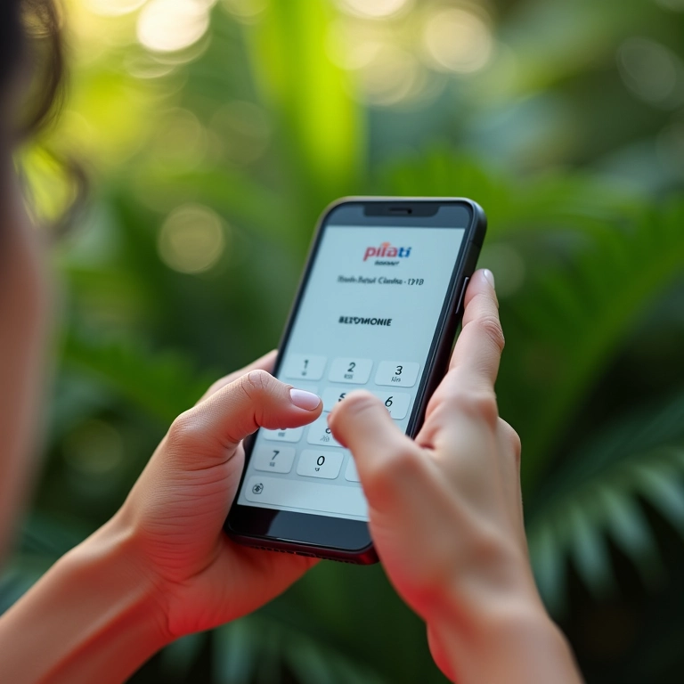 Mãos digitando o código DDD em um smartphone com fundo tropical.