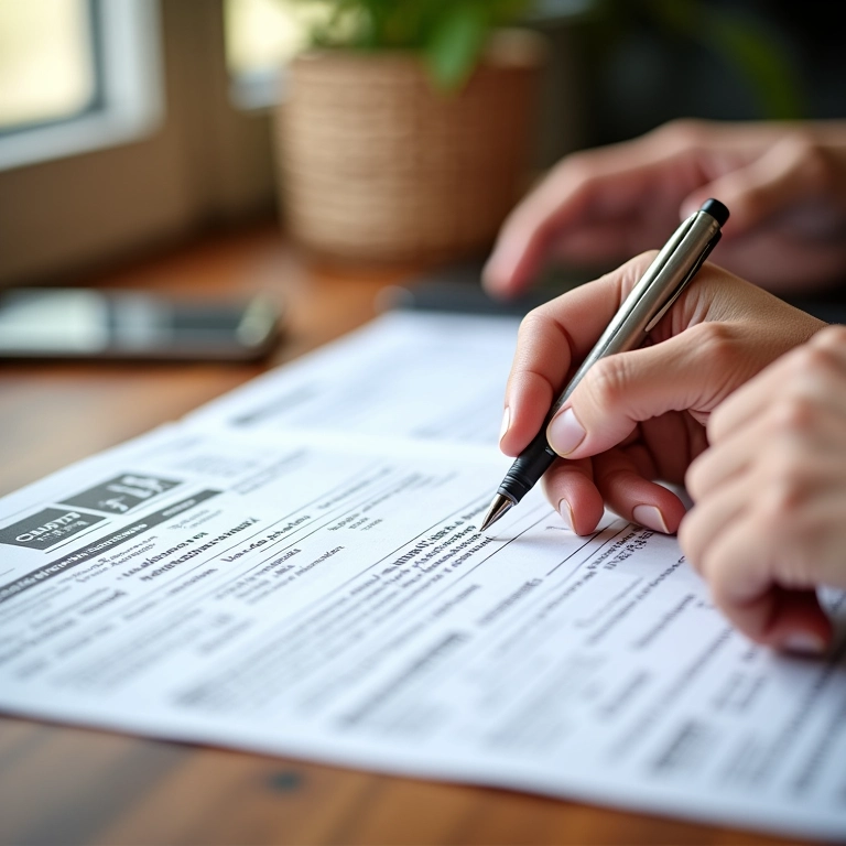 Mãos preenchendo formulário de declaração alfandegária em mesa com elementos brasileiros.