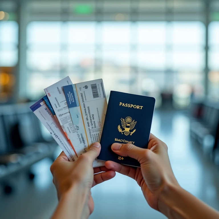 Mãos segurando passagens aéreas e passaporte com cartão de embarque.