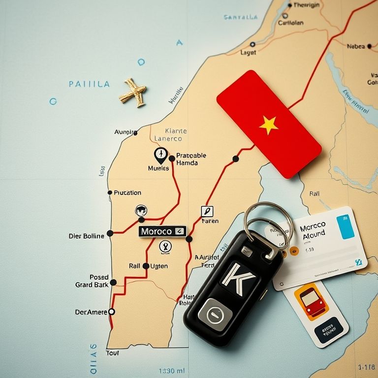 Mapa do Marrocos com rotas destacadas e ícones de transporte público.