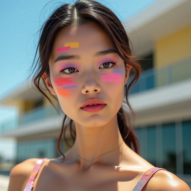 Maquiagem com gráficos geométricos em mulher asiática.