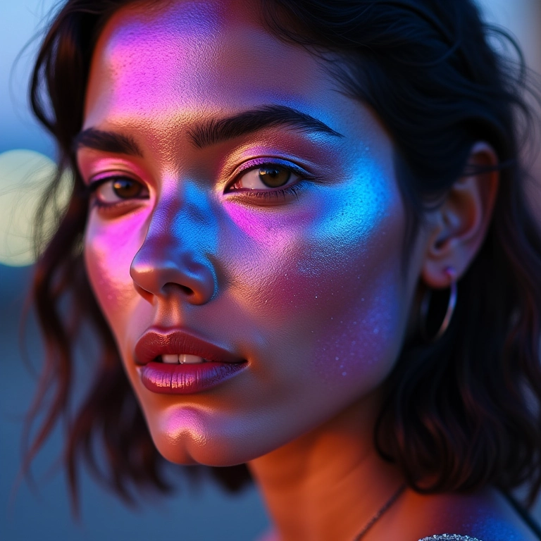 Maquiagem holográfica para festival com efeito furta-cor.