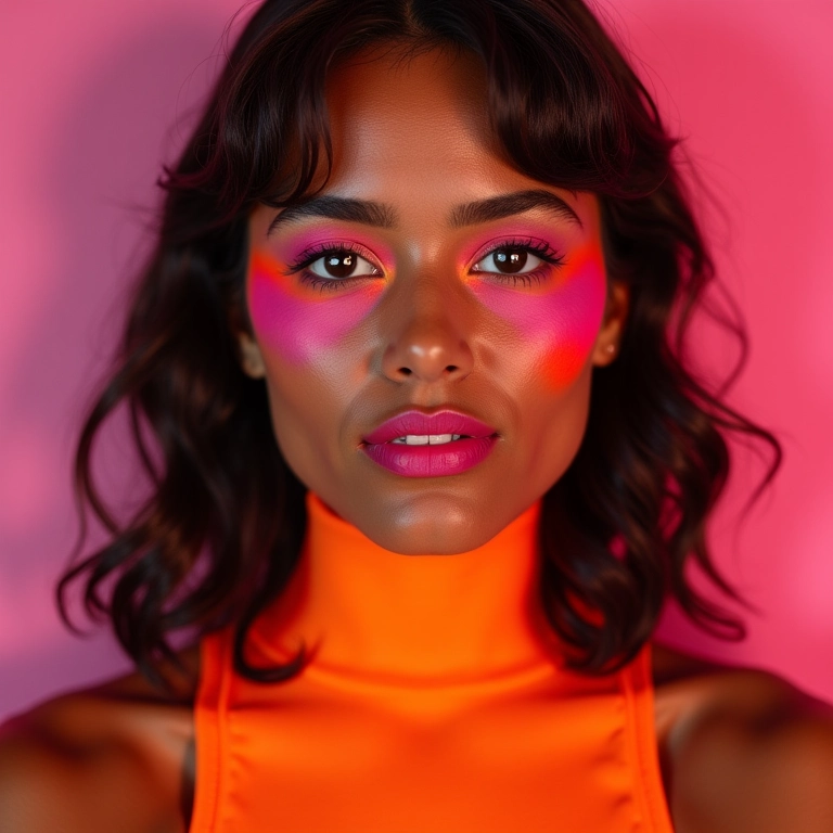 Maquiagem vibrante neon em pele morena.