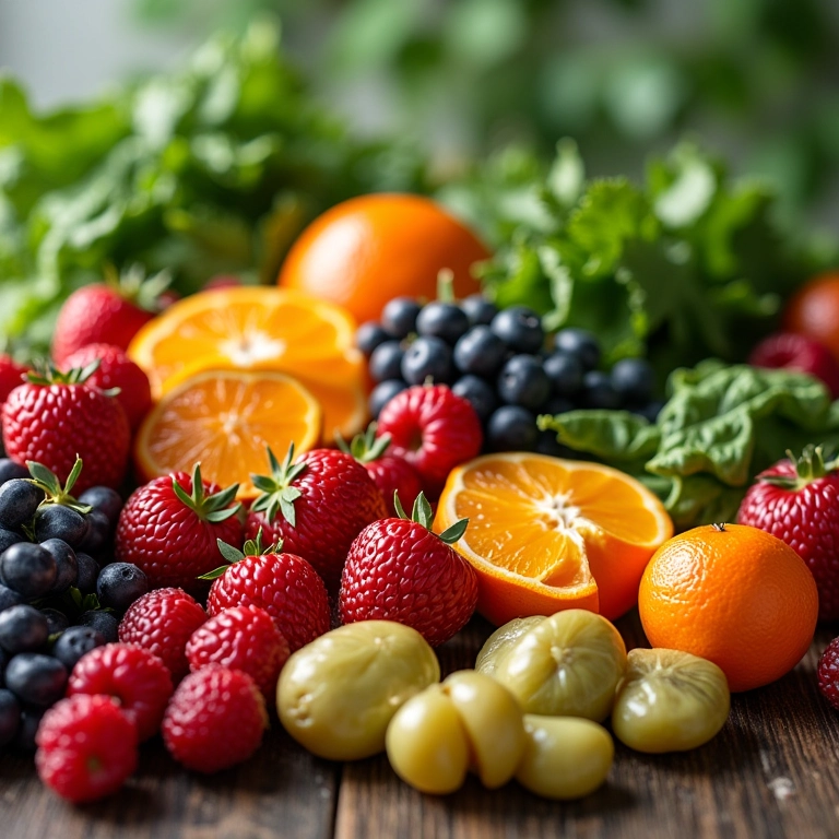 Mesa com frutas e vegetais ricos em antioxidantes.