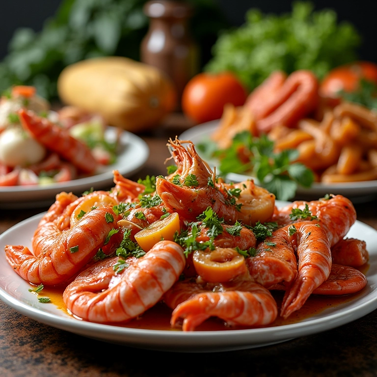 Mesa farta com pratos de frutos do mar, representando a gastronomia catarinense.