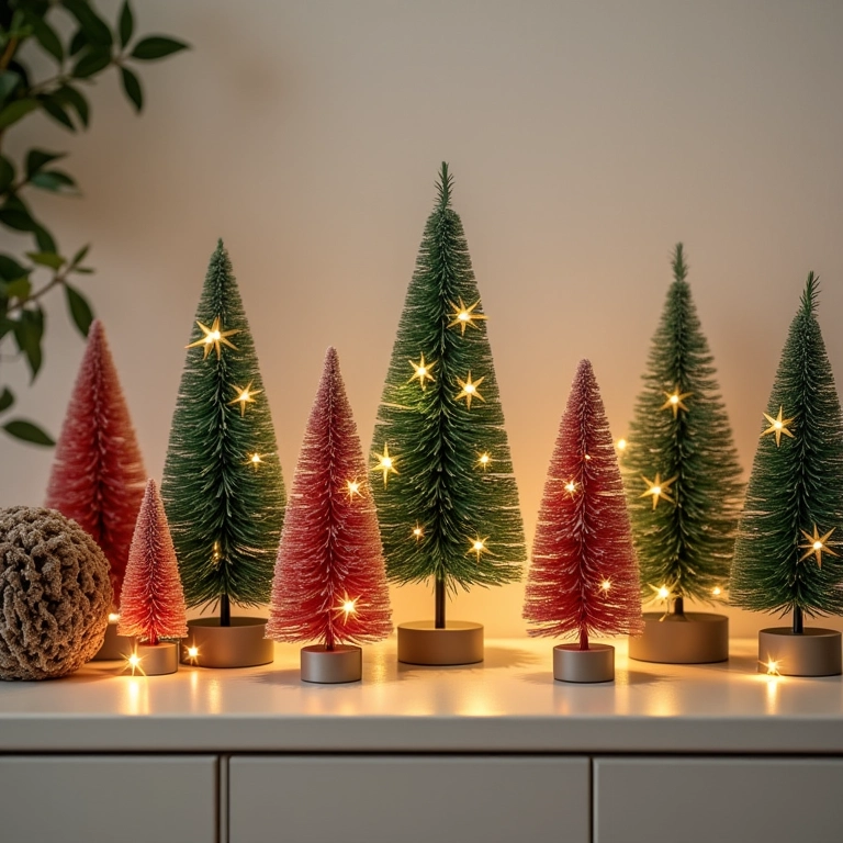 Mini árvores de Natal criativas decorando um aparador.
