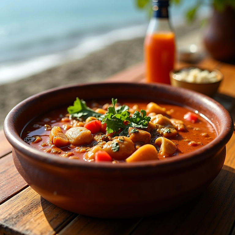 Moqueca Capixaba borbulhando em panela de barro, com tomates, cebolas e coentro.