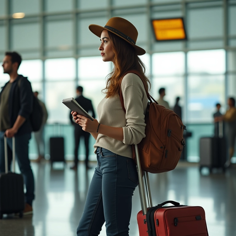 Mulher aguarda na fila da alfândega em aeroporto, com documentos de viagem em mãos.