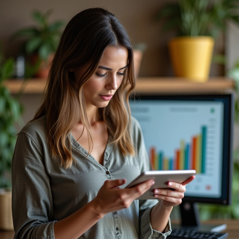 Mulher analisando gráfico do IDEB em tablet, em escritório com design brasileiro.