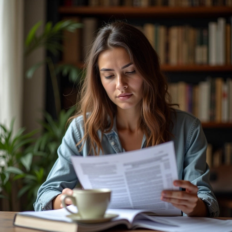 Mulher analisando relatório de avaliação de aprendizado em casa.