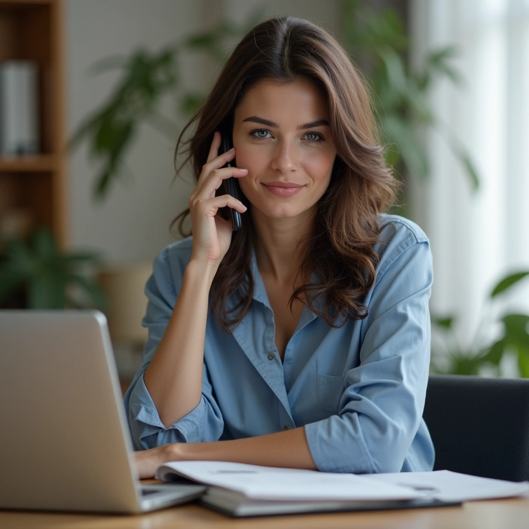 Mulher ao telefone consultando advogado sobre caso de pensão alimentícia internacional.