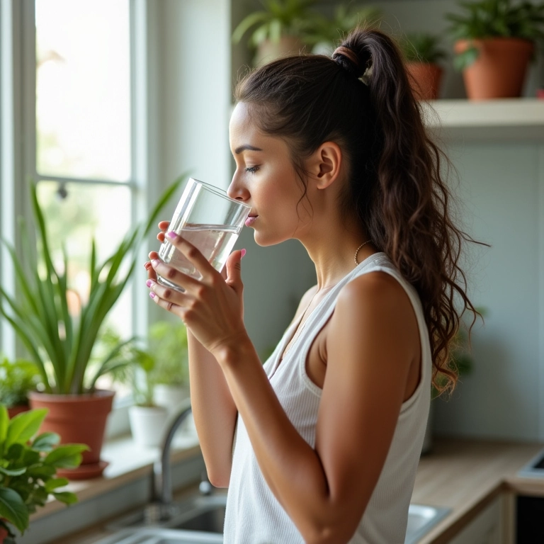 Mulher bebendo água em cozinha ensolarada e vibrante.
