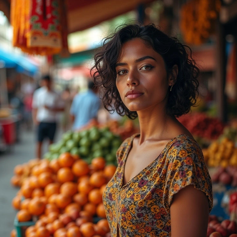 Mulher brasileira em mercado colorido questionando sobre cota de isenção de impostos.