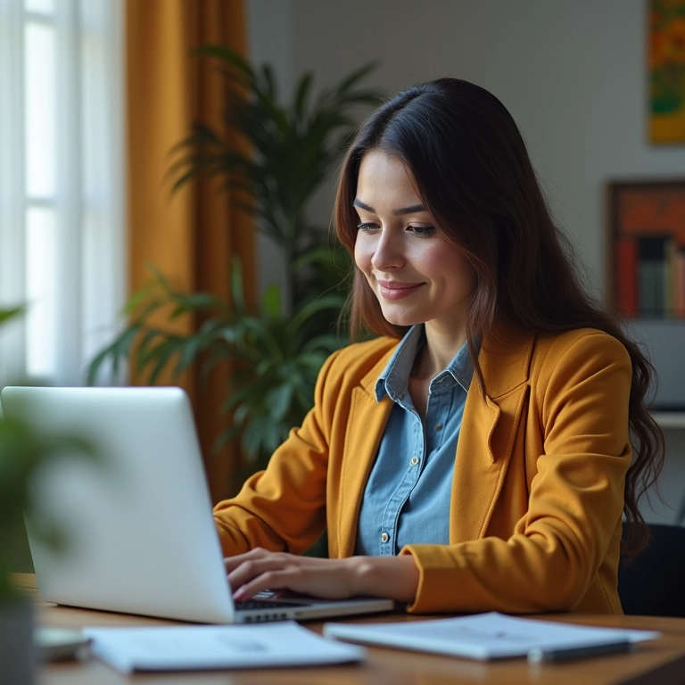 Mulher brasileira usando um bot do Discord para gerenciar seu servidor em um escritório em casa.