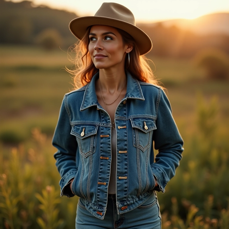 Mulher com jaqueta jeans em show sertanejo, celebrando o estilo atemporal.