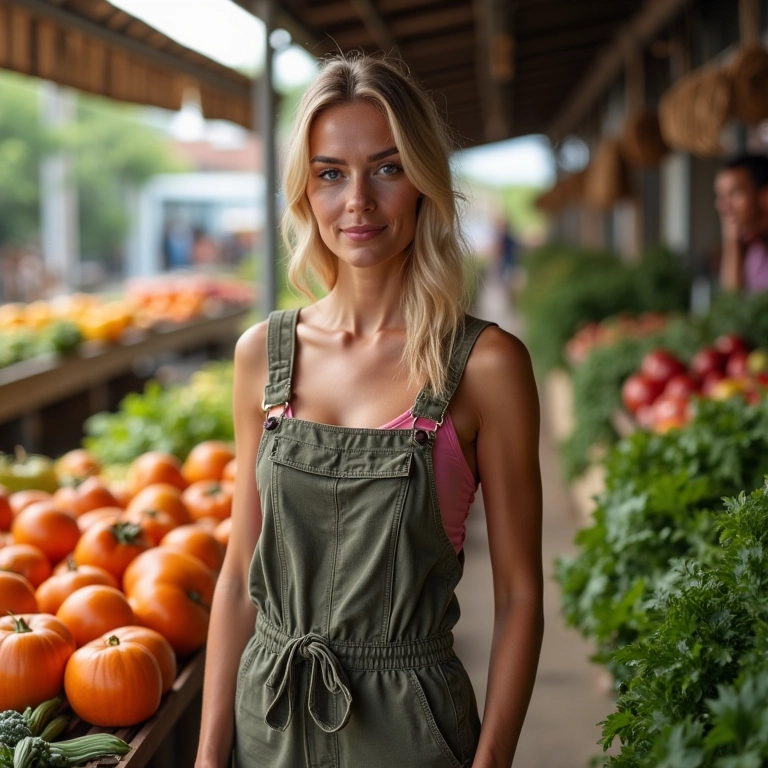 Mulher com macacão pantalona casual em uma feira livre brasileira.