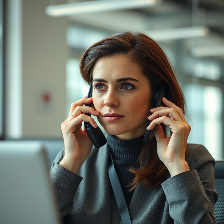 Mulher contando uma história falsa ao telefone, com uma expressão sutil de engano.