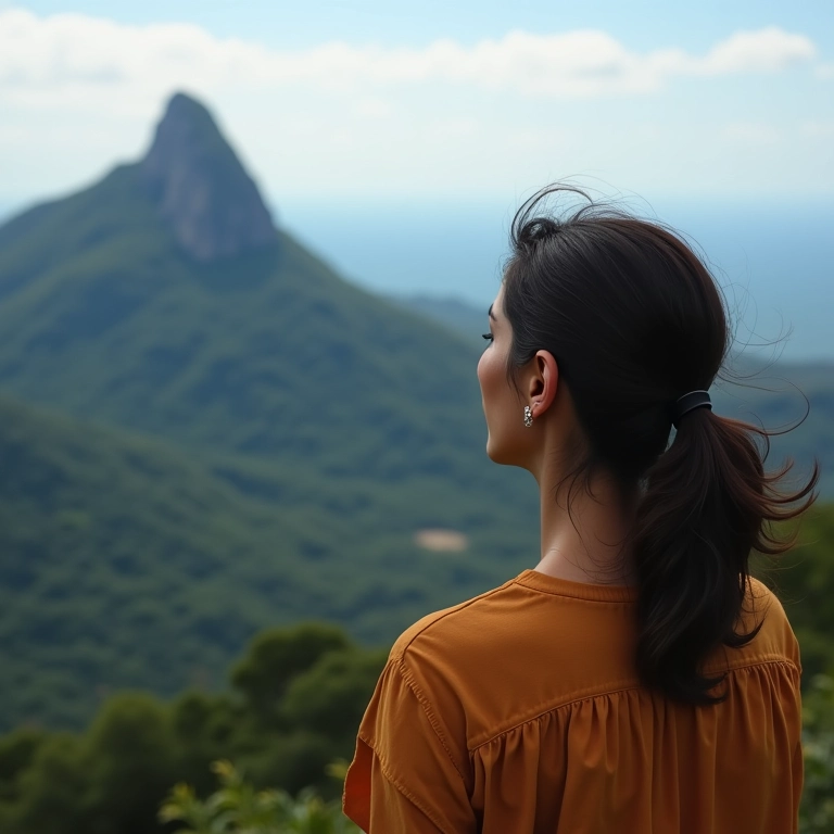 Mulher contemplando a vista panorâmica das montanhas.