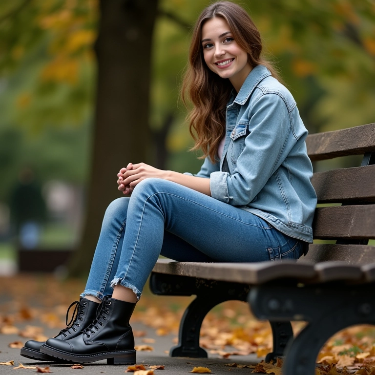 Mulher de jeans e coturnos sentada em banco de parque, sorrindo.