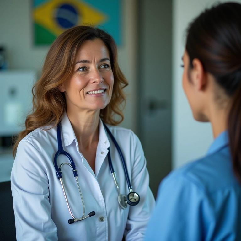 Mulher de meia-idade recebendo atendimento prioritário em consultório médico moderno com toques brasileiros.