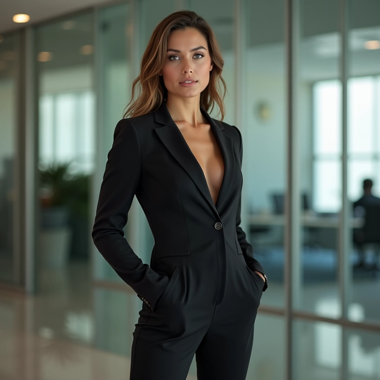 Mulher de negócios com macacão pantalona elegante em escritório moderno.