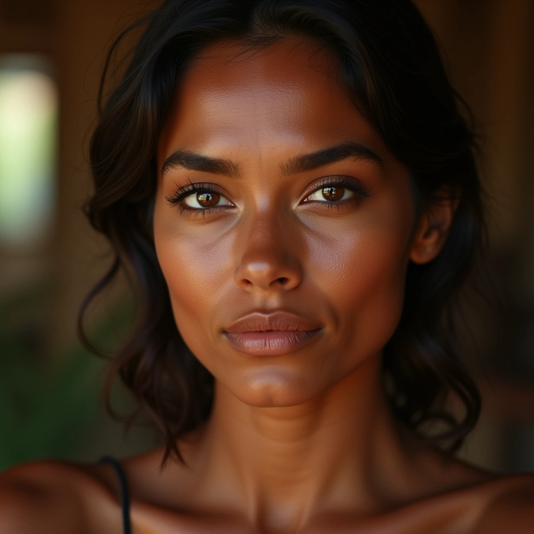 Mulher de pele bronzeada com maquiagem em cores terrosas.