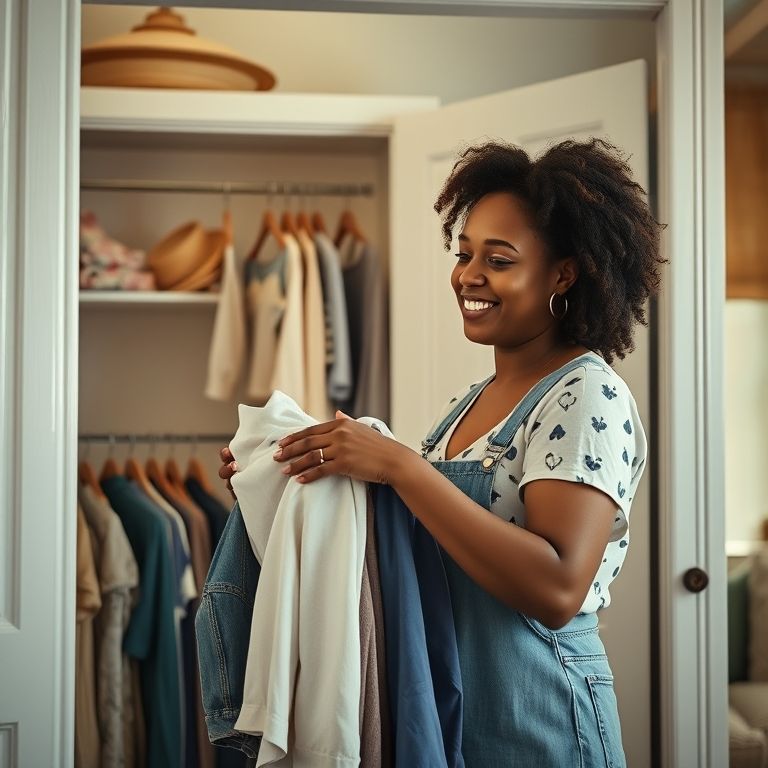 Mulher doando roupas para desapegar do que não usa mais.