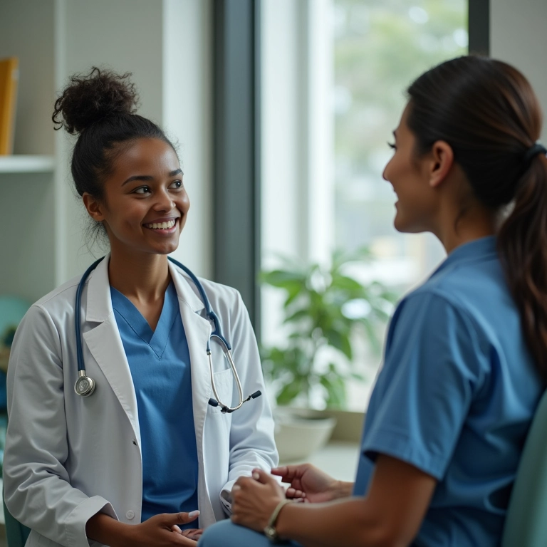 Mulher em consulta médica acessível, discutindo sua saúde com um médico atencioso.