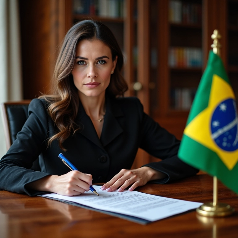 Mulher escrevendo uma carta rogatória em uma mesa com a bandeira do Brasil e livros de direito.