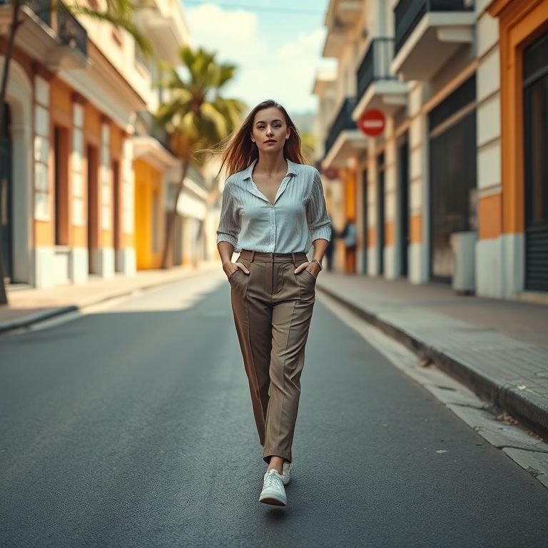 Mulher estilosa caminhando na rua com calça de alfaiataria e tênis branco.