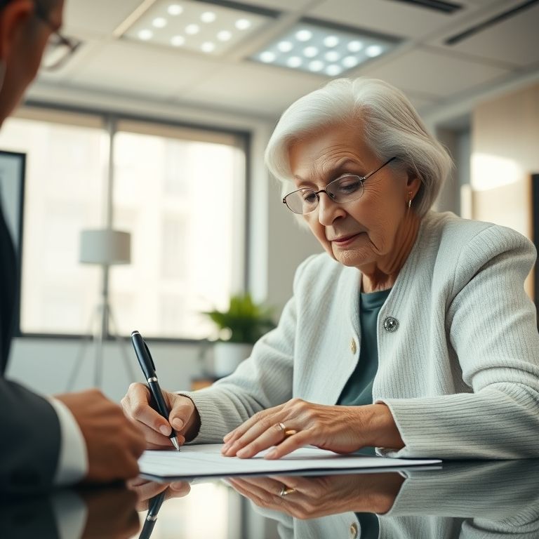 Mulher idosa assinando testamento com auxílio de advogado.