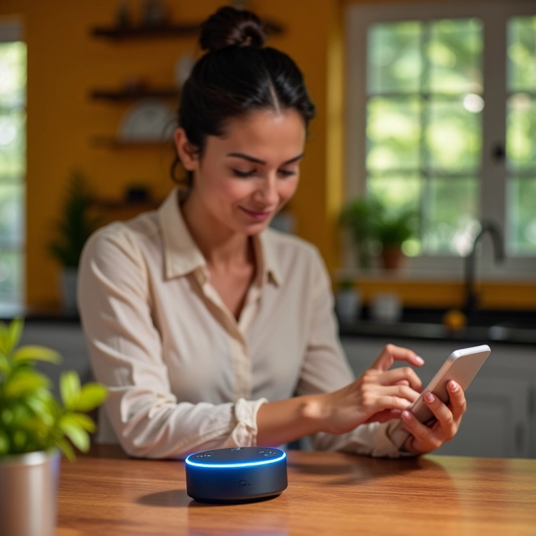 Mulher interagindo com um Echo Dot em uma cozinha vibrante.