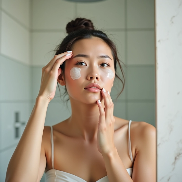 Mulher lavando o rosto suavemente em banheiro iluminado.