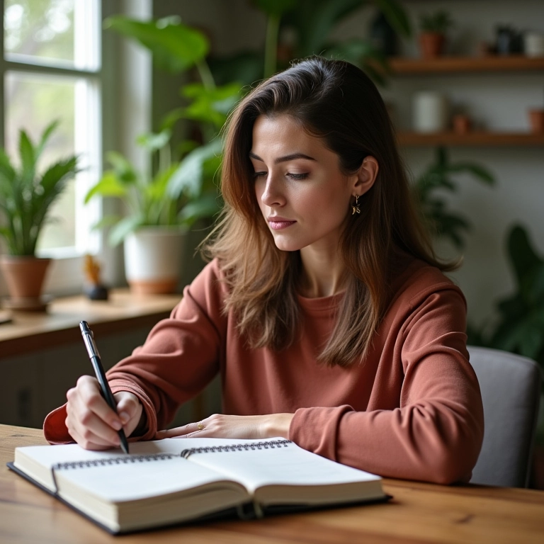 Mulher listando dívidas em um caderno.
