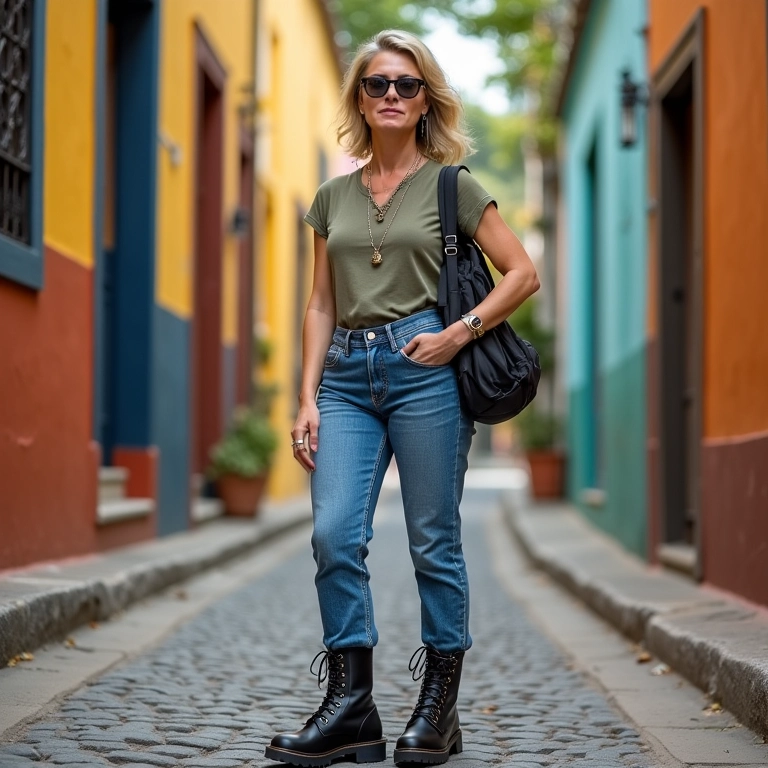 Mulher madura com coturno e calça mom jeans.