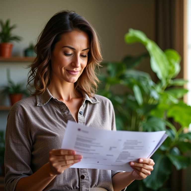 Mulher madura revisando documentos financeiros em casa, representando o Benefício de Prestação Continuada.