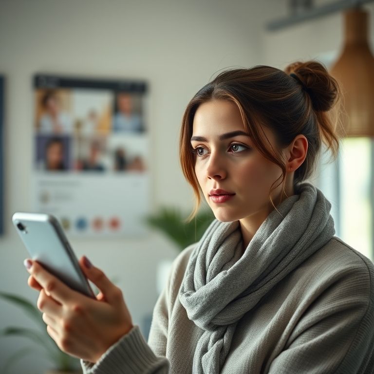 Mulher olhando para um perfil de mídia social com excesso de informações pessoais.