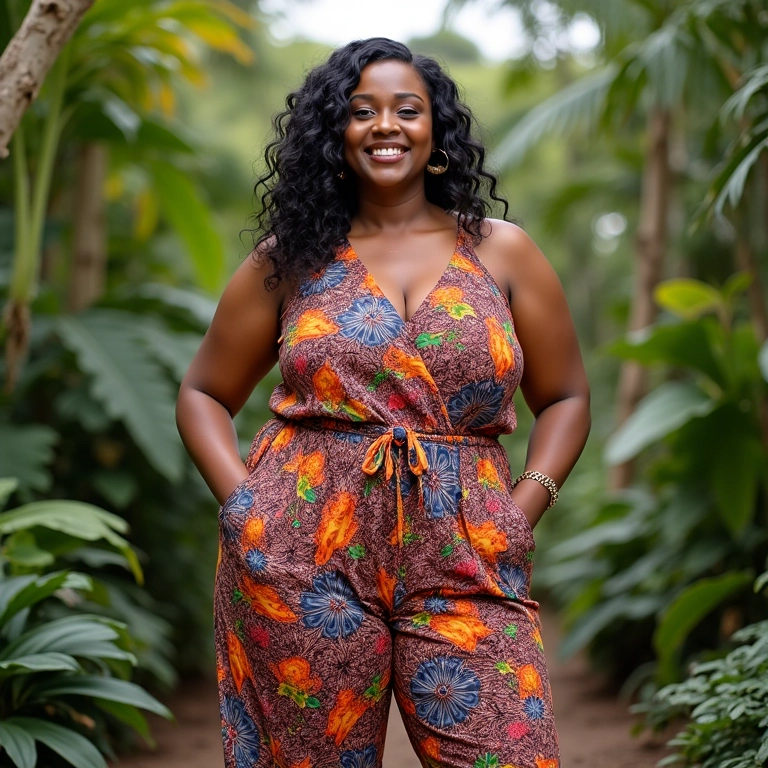 Mulher plus size com macacão pantalona estampado em jardim brasileiro.