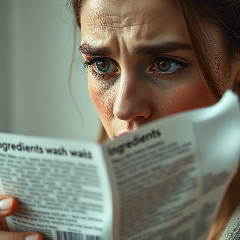 Mulher preocupada lendo rótulo de sabonete íntimo.