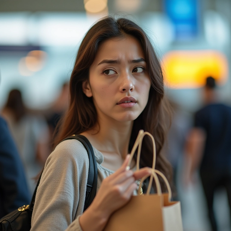 Mulher preocupada na alfândega por ultrapassar o limite de compras.