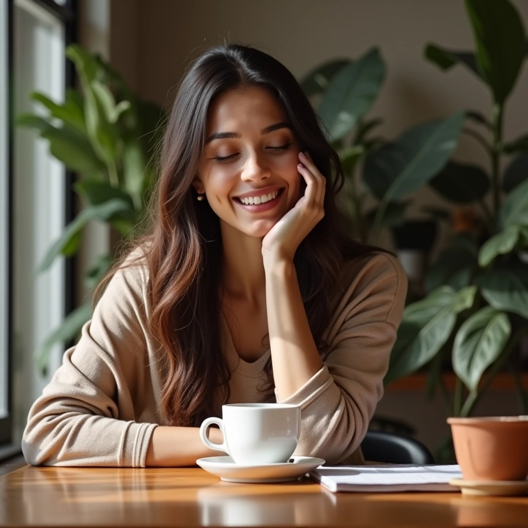 Mulher relaxando com uma xícara de chá após estudar, celebrando a recompensa pelo esforço.