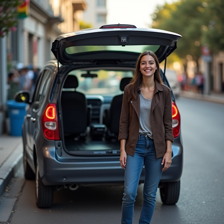 Mulher sorrindo ao lado de carro adaptado em rua de cidade brasileira, simbolizando mobilidade.