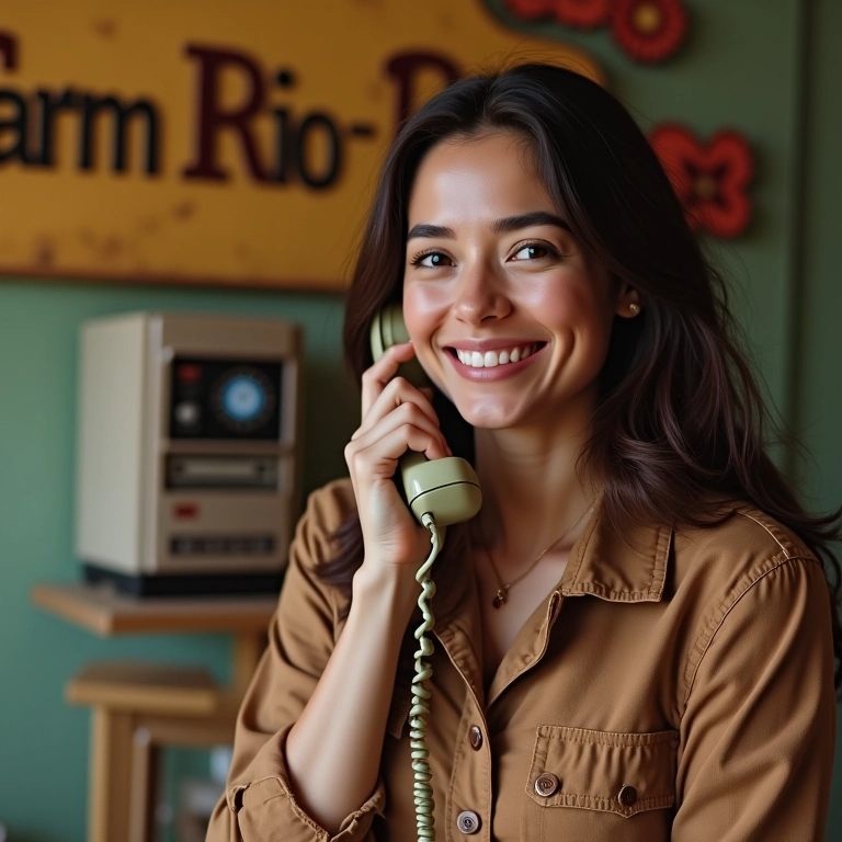 Mulher sorrindo disca código de acesso internacional em telefone antigo.