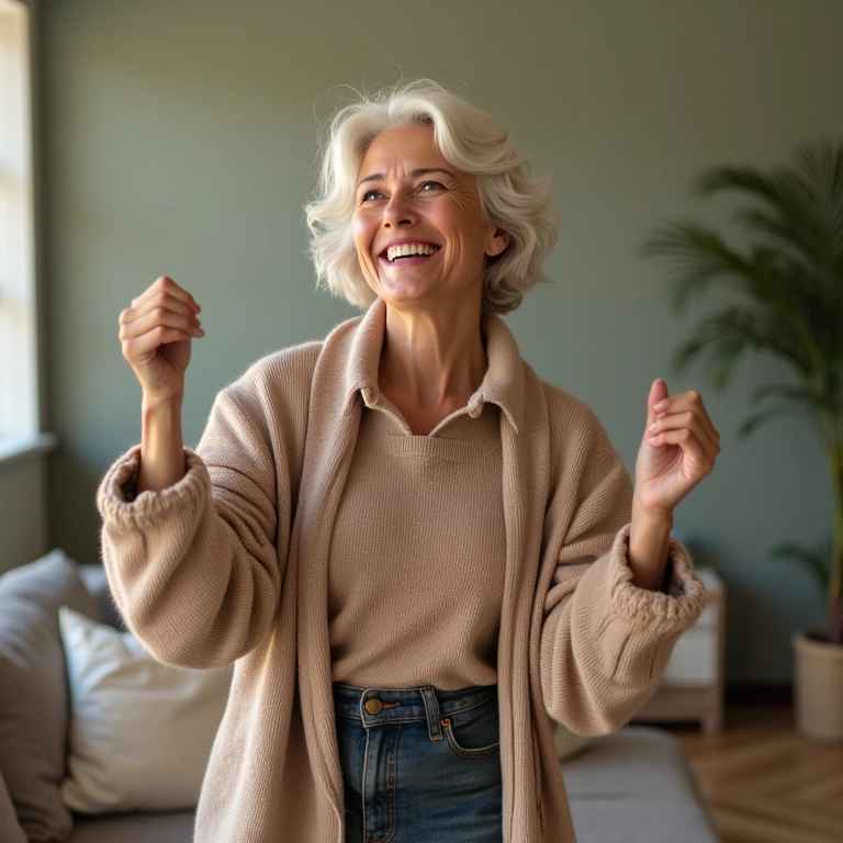 Mulher sorrindo e dançando, vestindo roupas confortáveis e estilosas em show sertanejo.