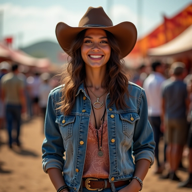 Looks para show sertanejo: ideias de produções Mulher sorrindo em festival sertanejo, vestindo jaqueta jeans, bota country e chapéu.